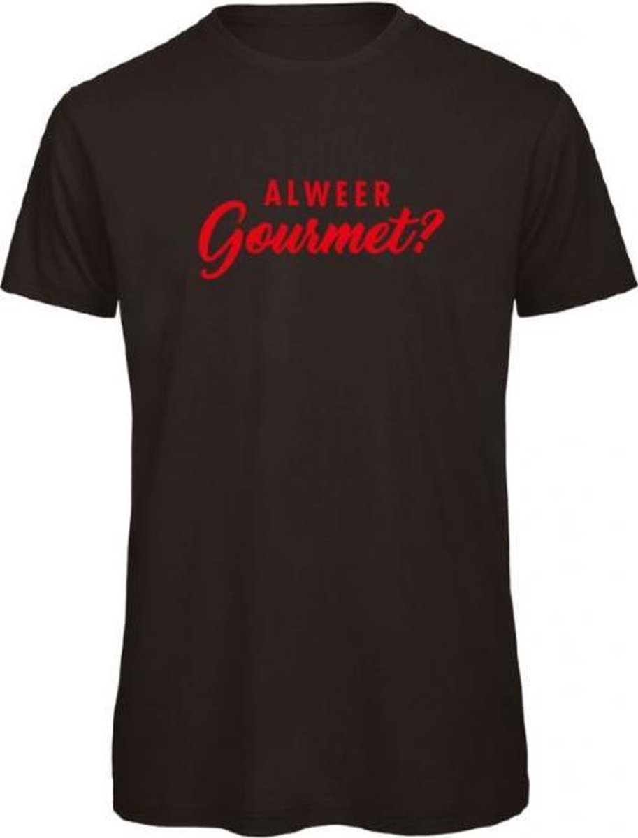 Kerst t-shirt zwart S - Al weer gourmet? - rood glitter - soBAD. | Kerst t-shirt soBAD. | kerst shirts volwassenen | kerst t-shirts volwassenen | Kerst outfit | Foute kerst t-shirts